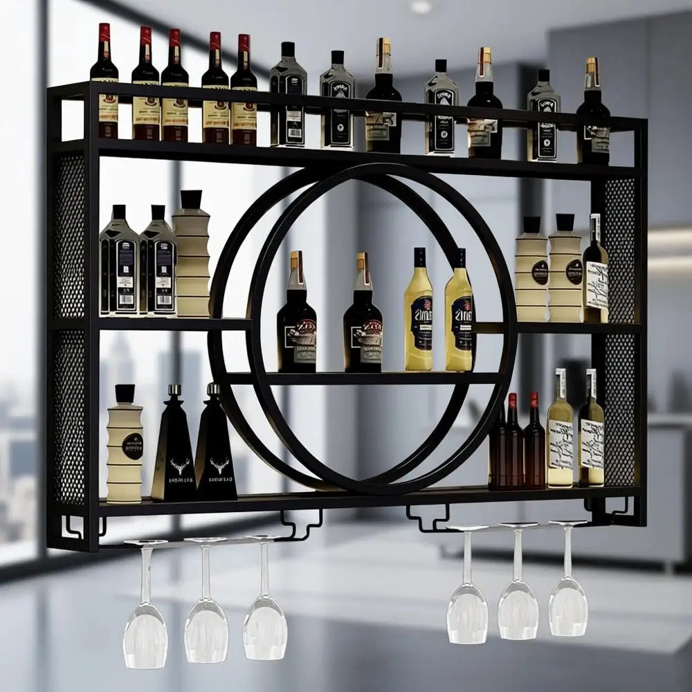 Wall Mounted Wine Rack With LED Light And Glass Holder