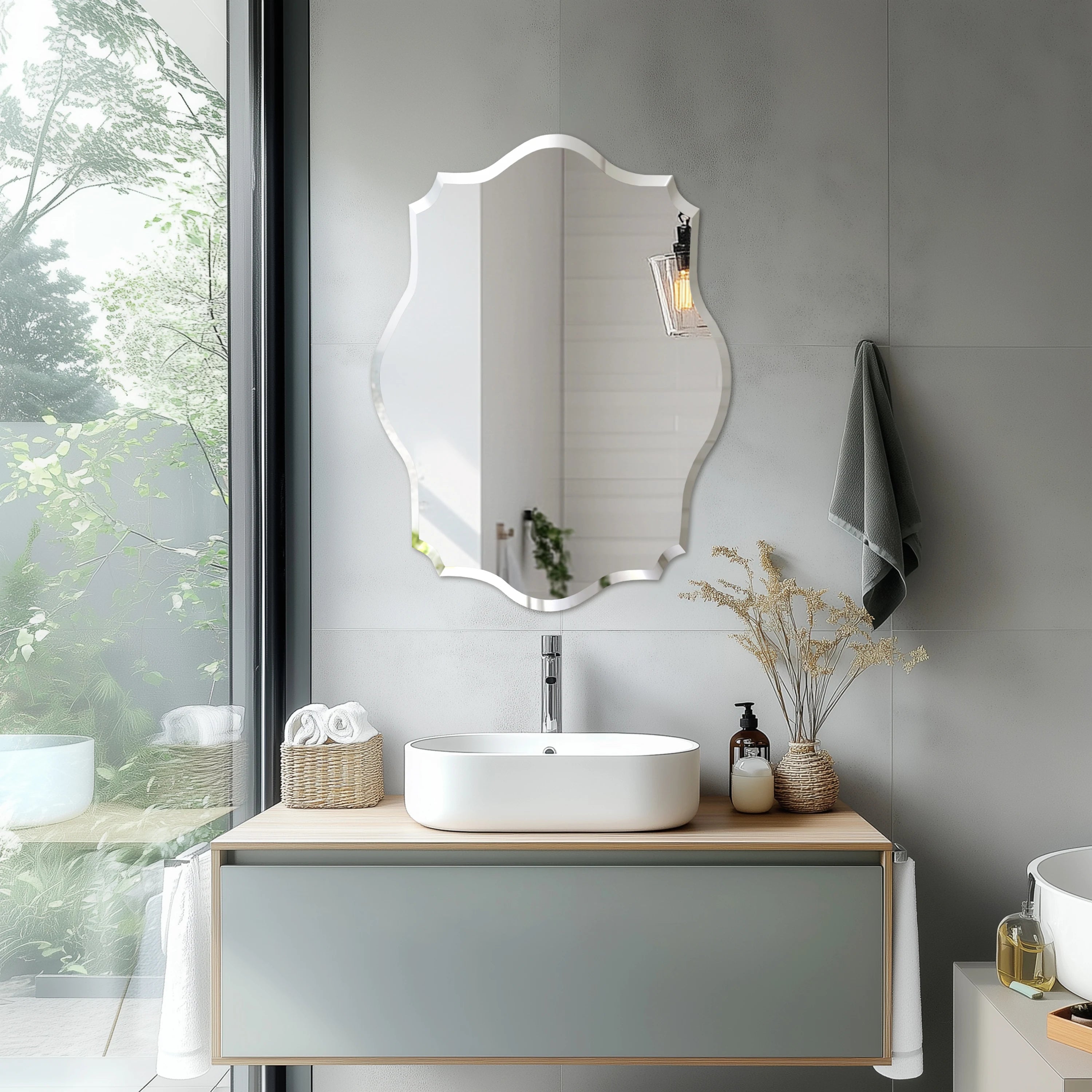 Wisfor Wall Mirror Scalloped Frameless Beveled Edge Polished For Bathroom