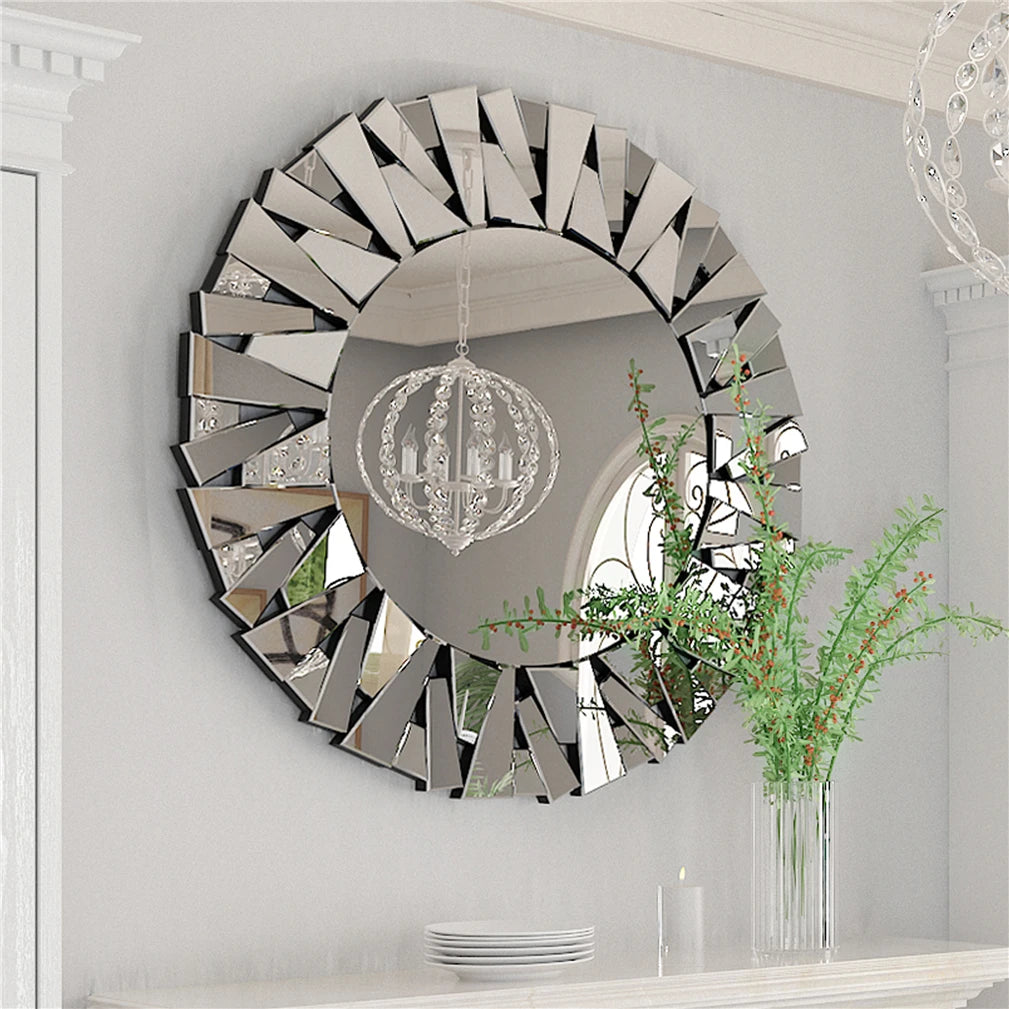 Sunburst Round Wall Mirror With Beveled Glass For Bathroom Decor