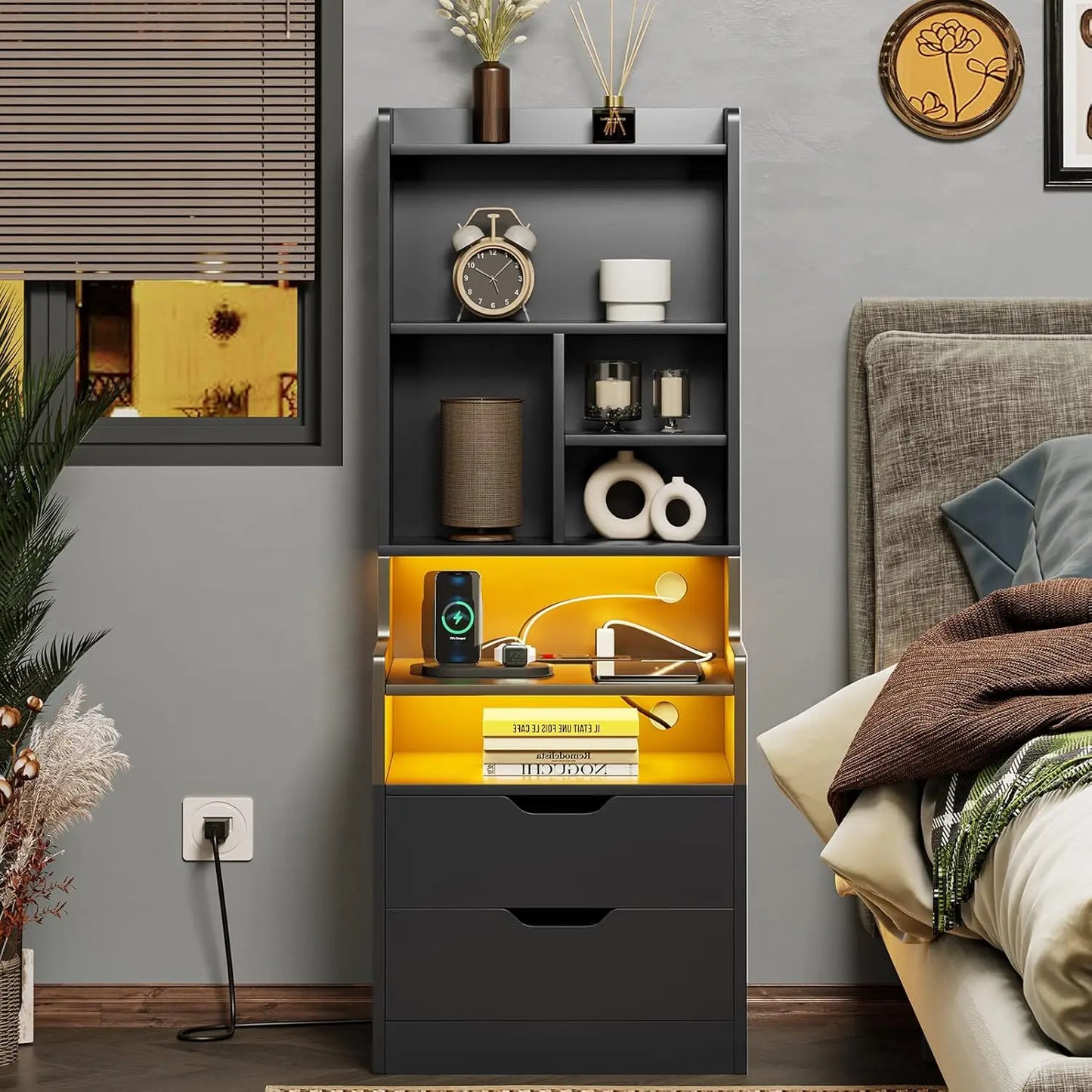 GUANGBAI Set of 2 Side Charging Nightstands With LED Lights