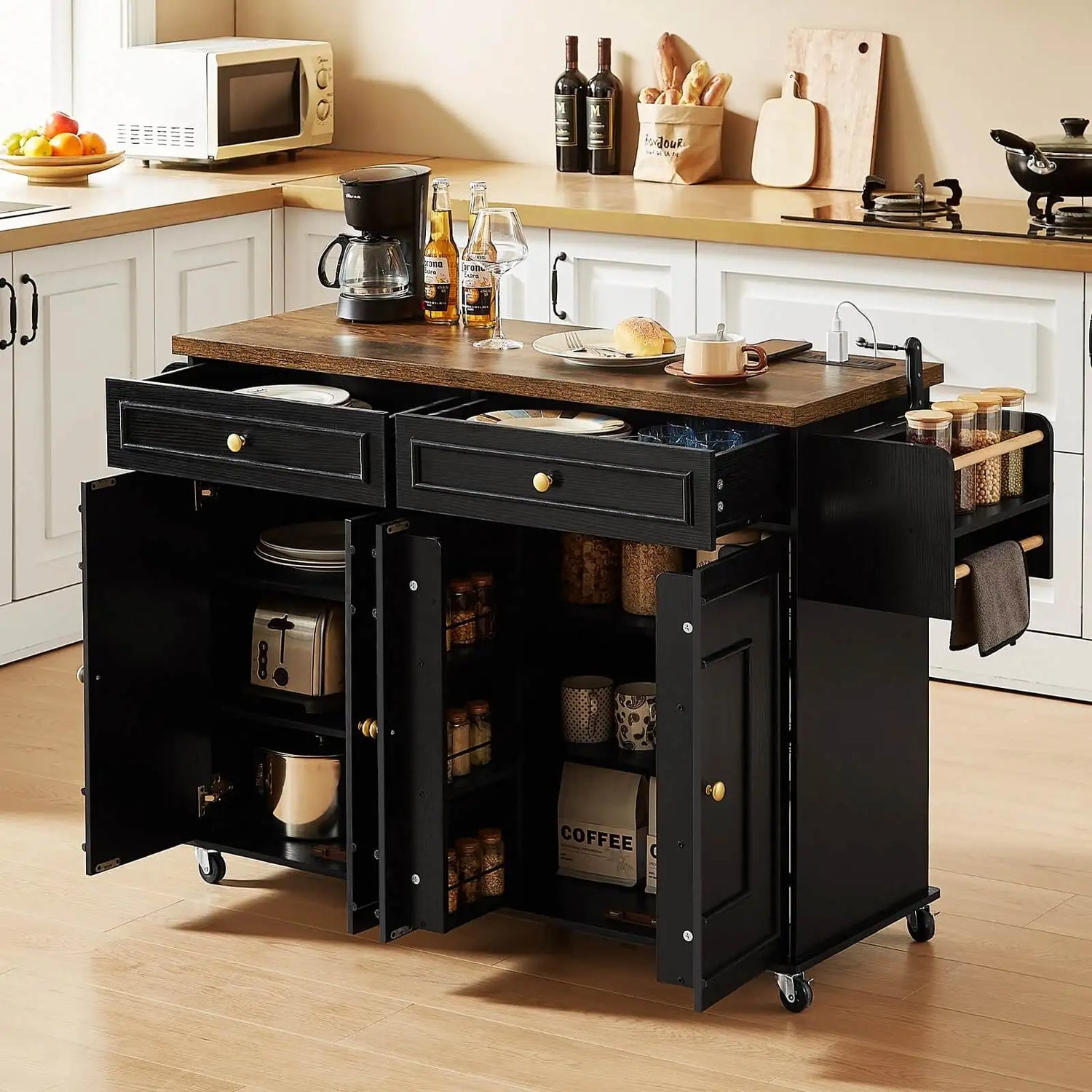 Mobile Kitchen Island With Drop Leaf Cart And Power Outlet