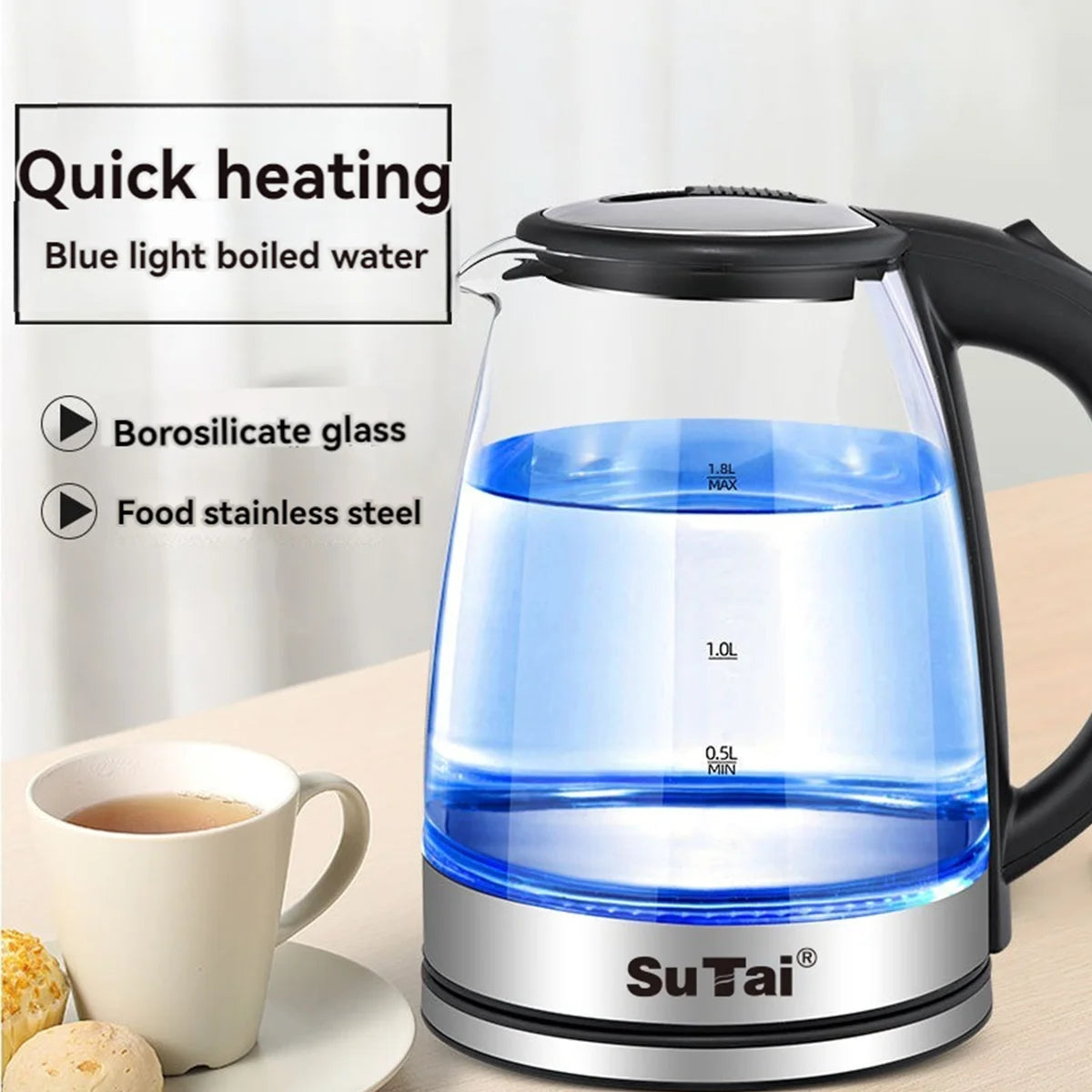 Fast Electric Water Kettle Borosilicate Glass Auto Off Led Light