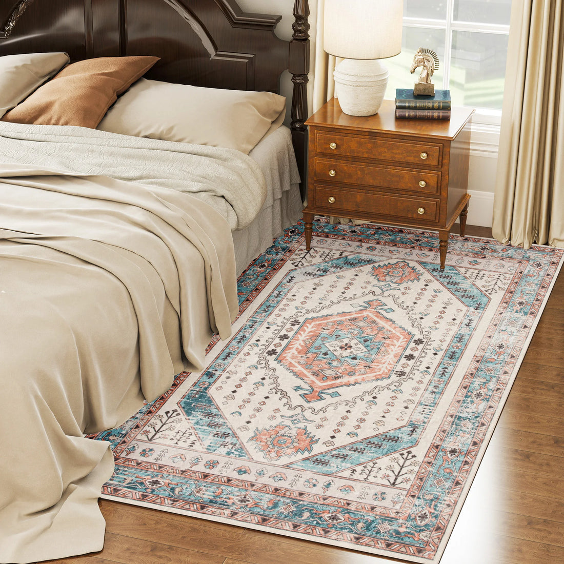 Soft Machine Washable Area Rug With Vintage Medallion Design
