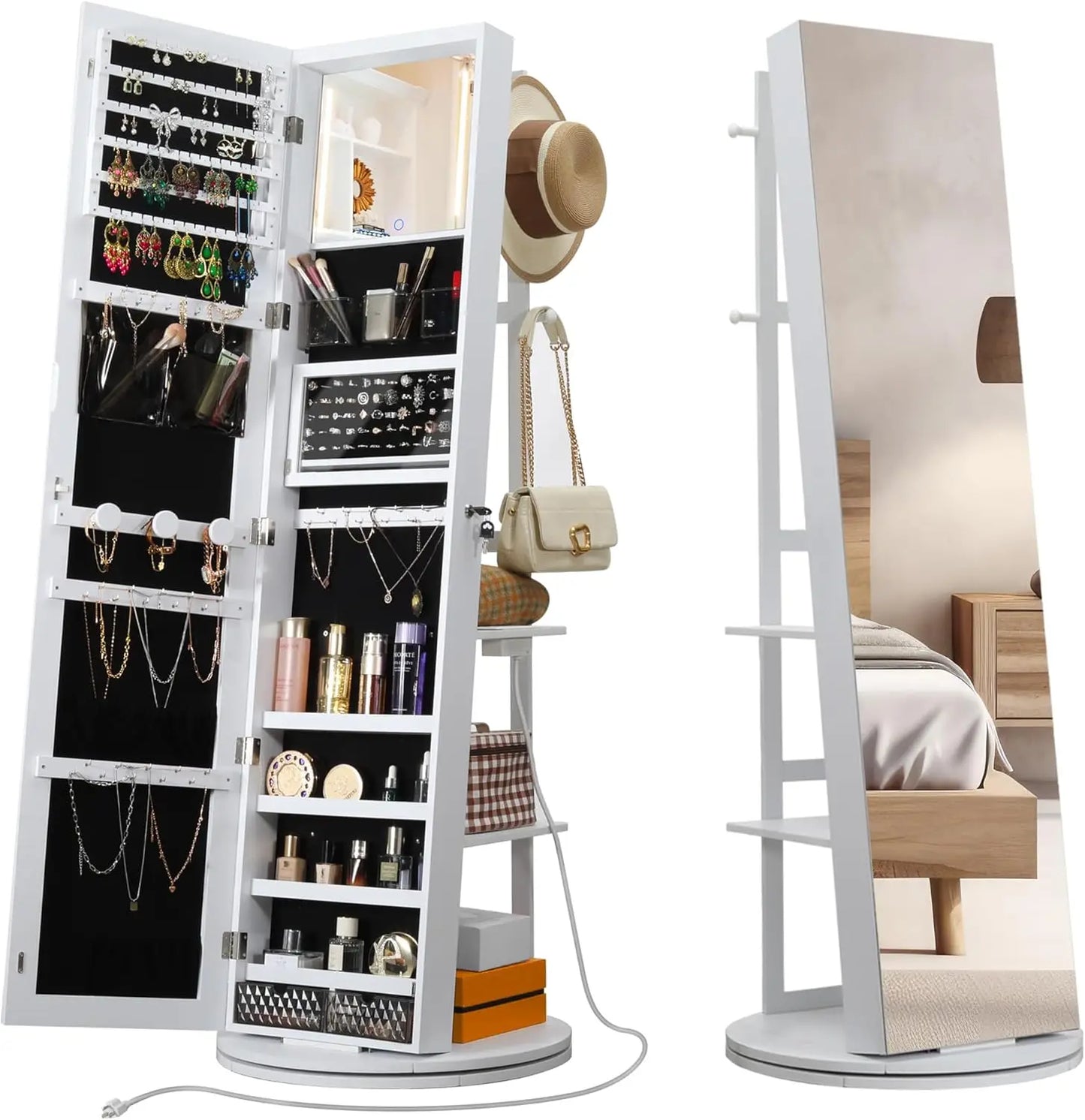 Ironck 360 Degree Swivel Mirrored Jewelry Cabinet With LED Lights