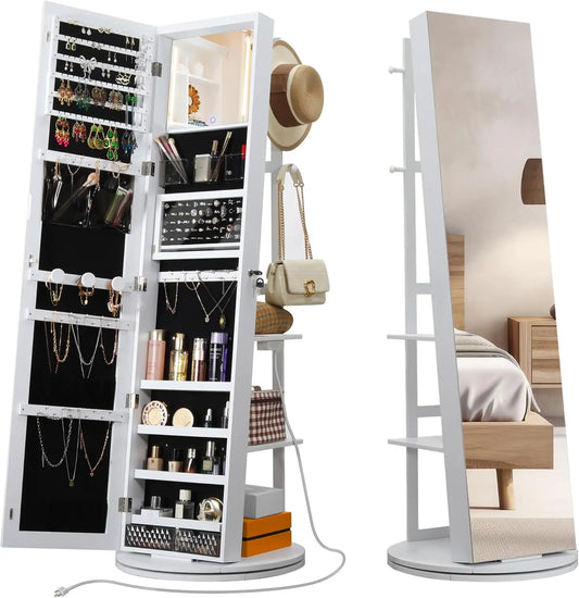 Ironck 360 Degree Swivel Mirrored Jewelry Cabinet With LED Lights