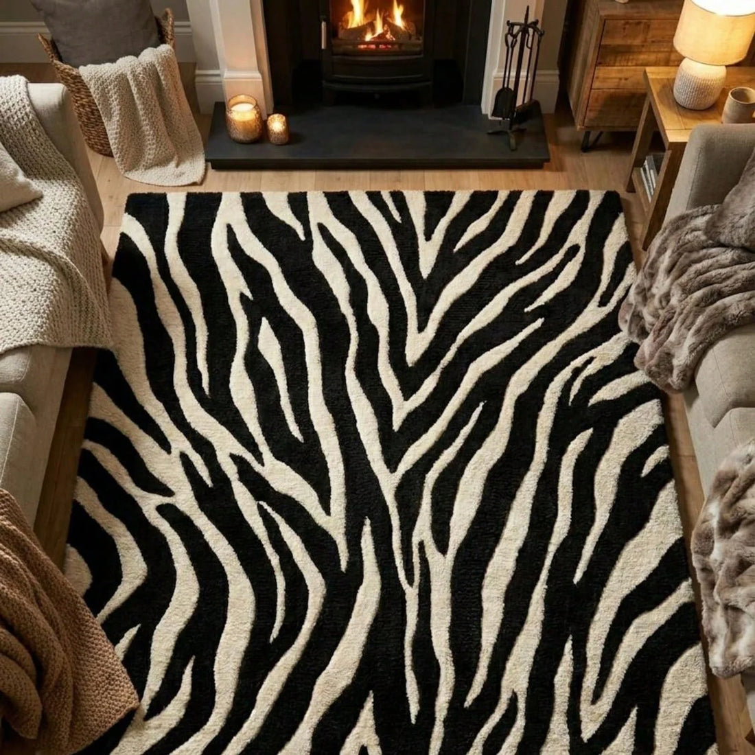 Stylish Boho Zebra Striped Polyester Textured Area Rug