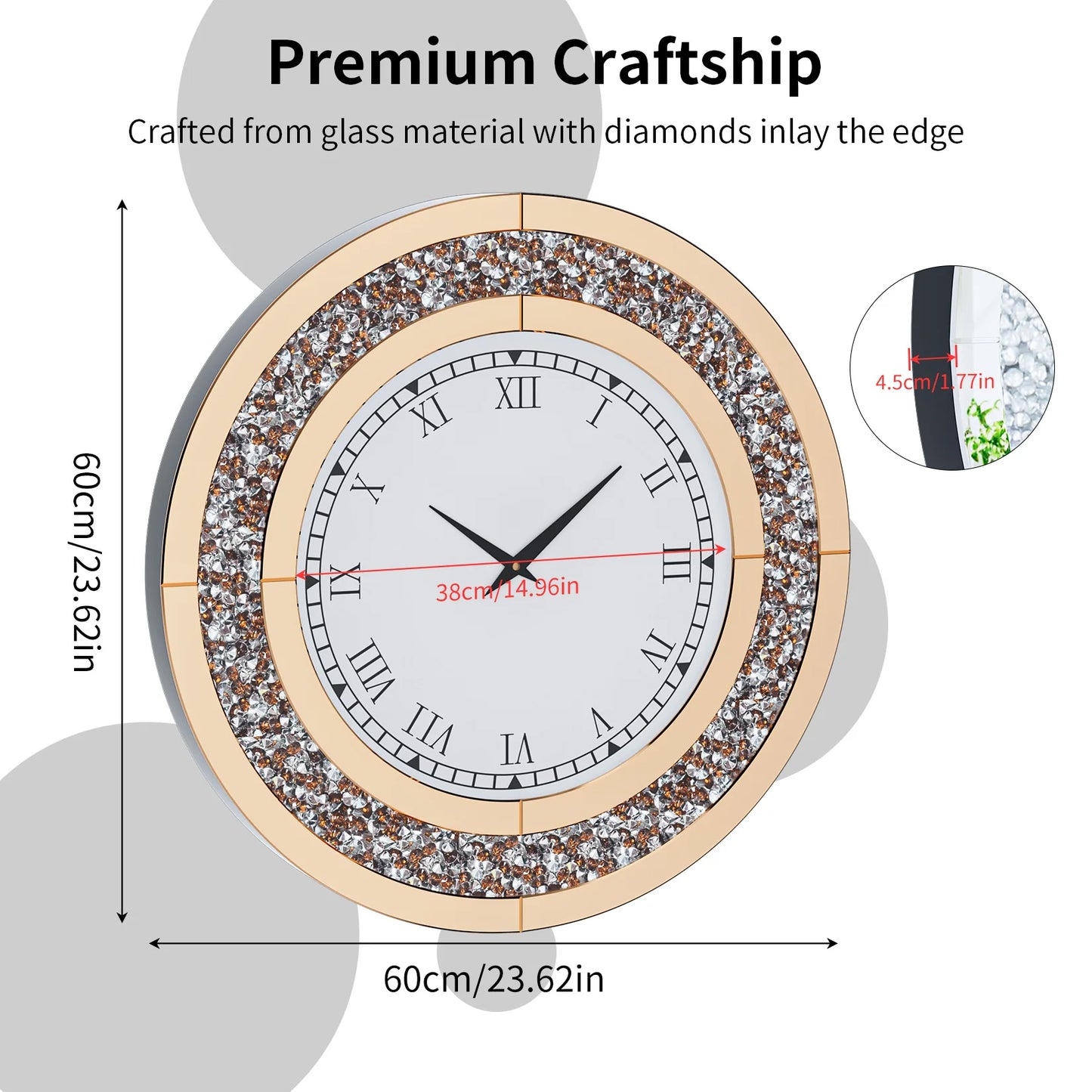 Crystal Sparkle Round Mirror Wall Clock for Living Room Decor