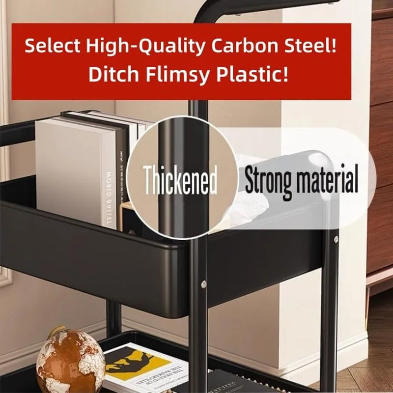 Three-Tier Metal Rolling Storage Cart With Wood Top
