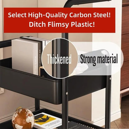 Three-Tier Metal Rolling Storage Cart With Wood Top