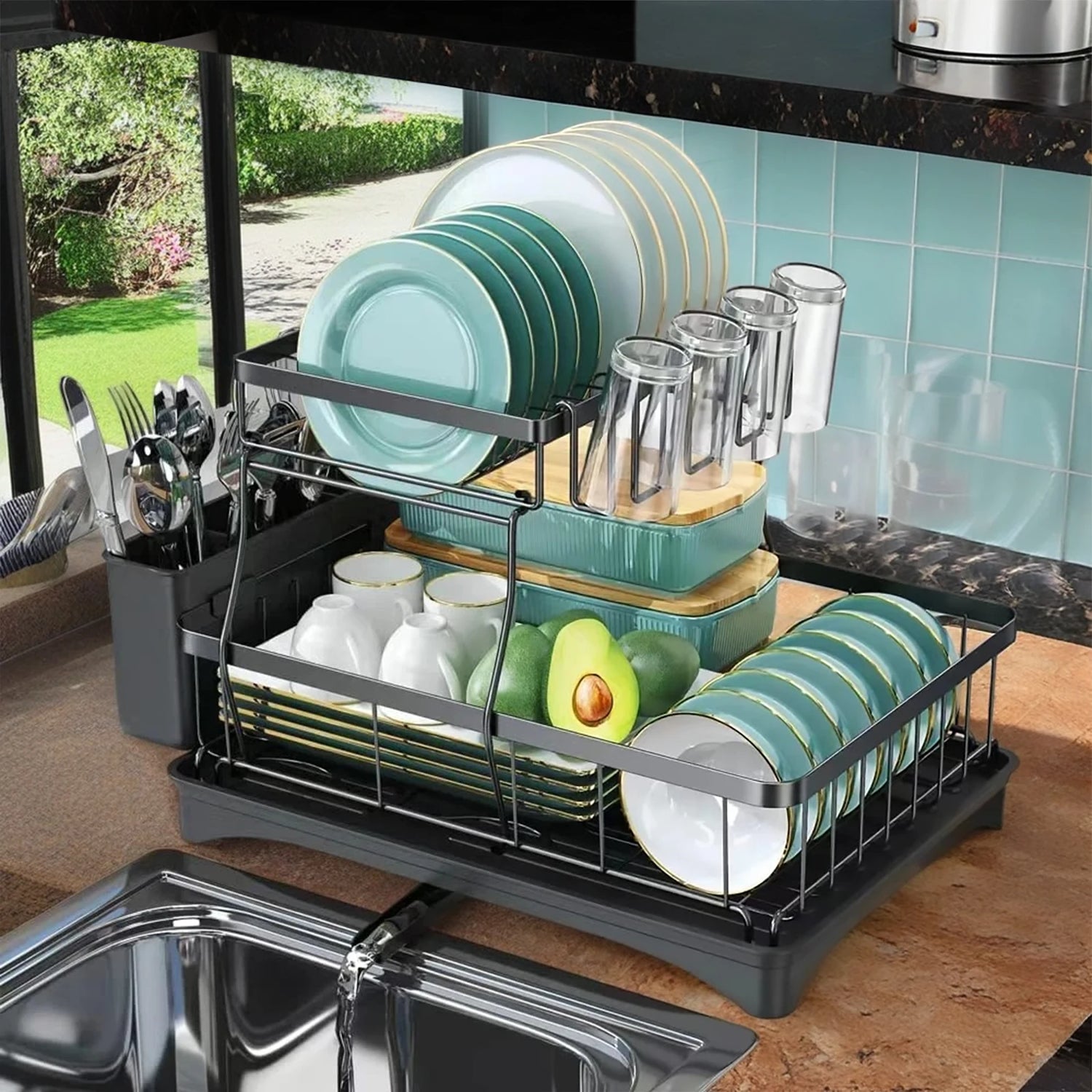 Two Tier Dish Drying Rack Removable Large Capacity for Kitchens