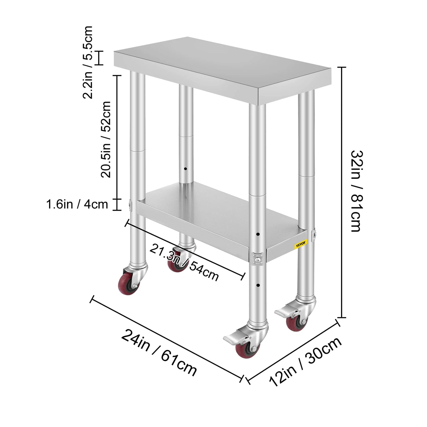 SucceBuy Stainless Steel Kitchen Prep Table With 4 Casters And Backsplash