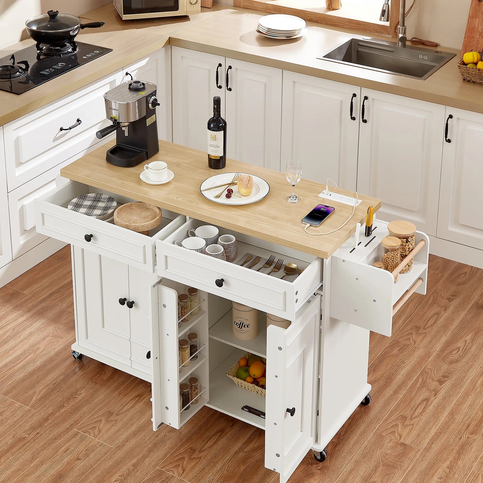 Mobile Kitchen Island With Drop Leaf Cart And Power Outlet