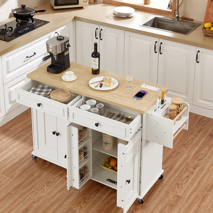 Mobile Kitchen Island With Drop Leaf Cart And Power Outlet