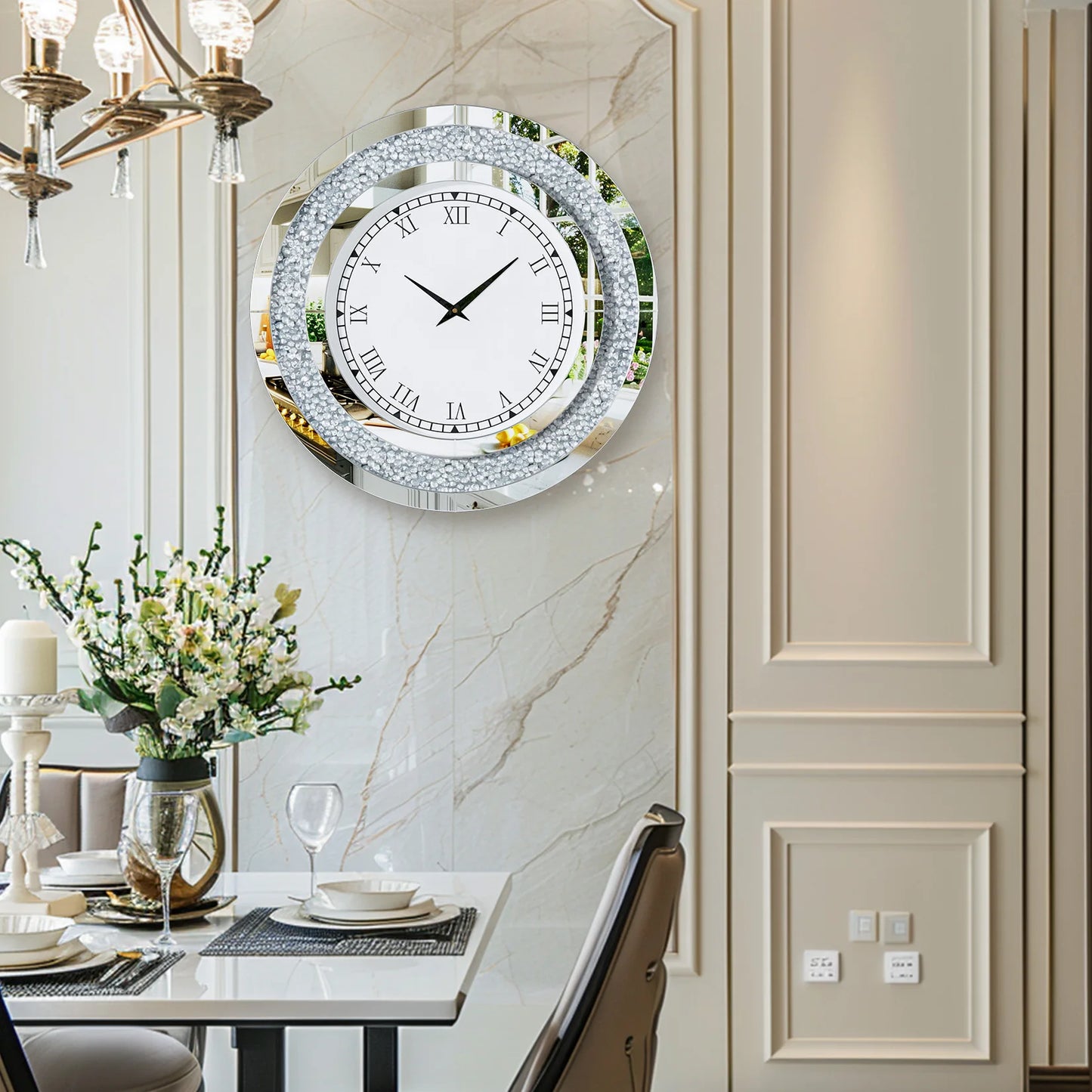 Round Mirror Wall Clock With Crystal Sparkle Living Room Decor