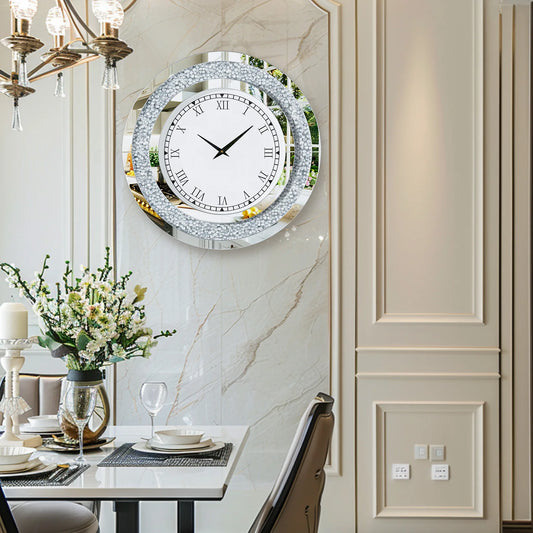 Round Mirrored Wall Clock with Crystal Accent and Sparkle