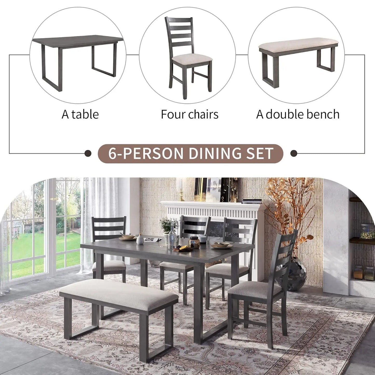 Country Rustic Dining Set With Rectangular Table And Upholstered Chairs