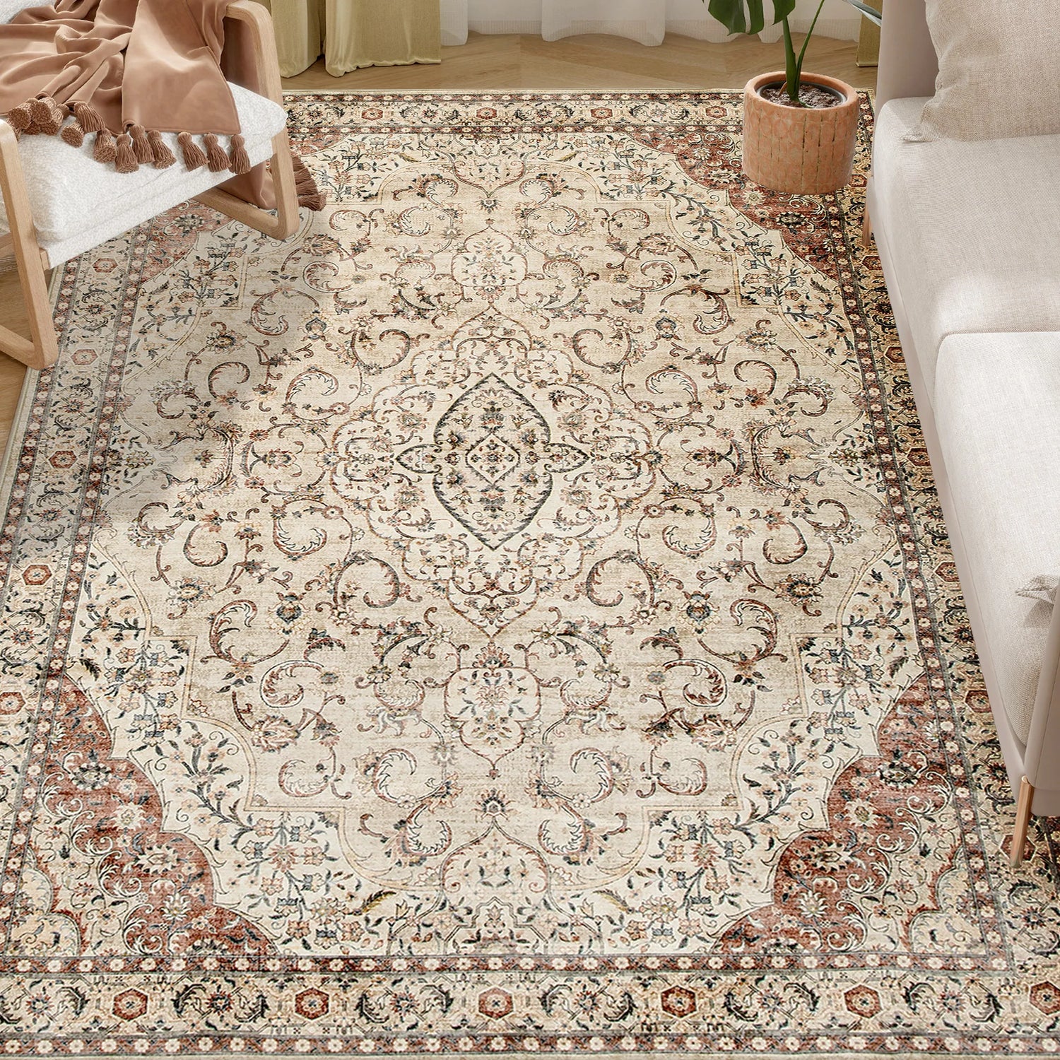 Machine Washable Vintage Oriental Medallion Polyester Area Rug
