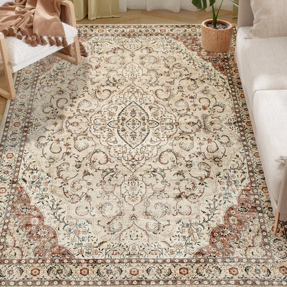 Machine Washable Vintage Oriental Medallion Polyester Area Rug