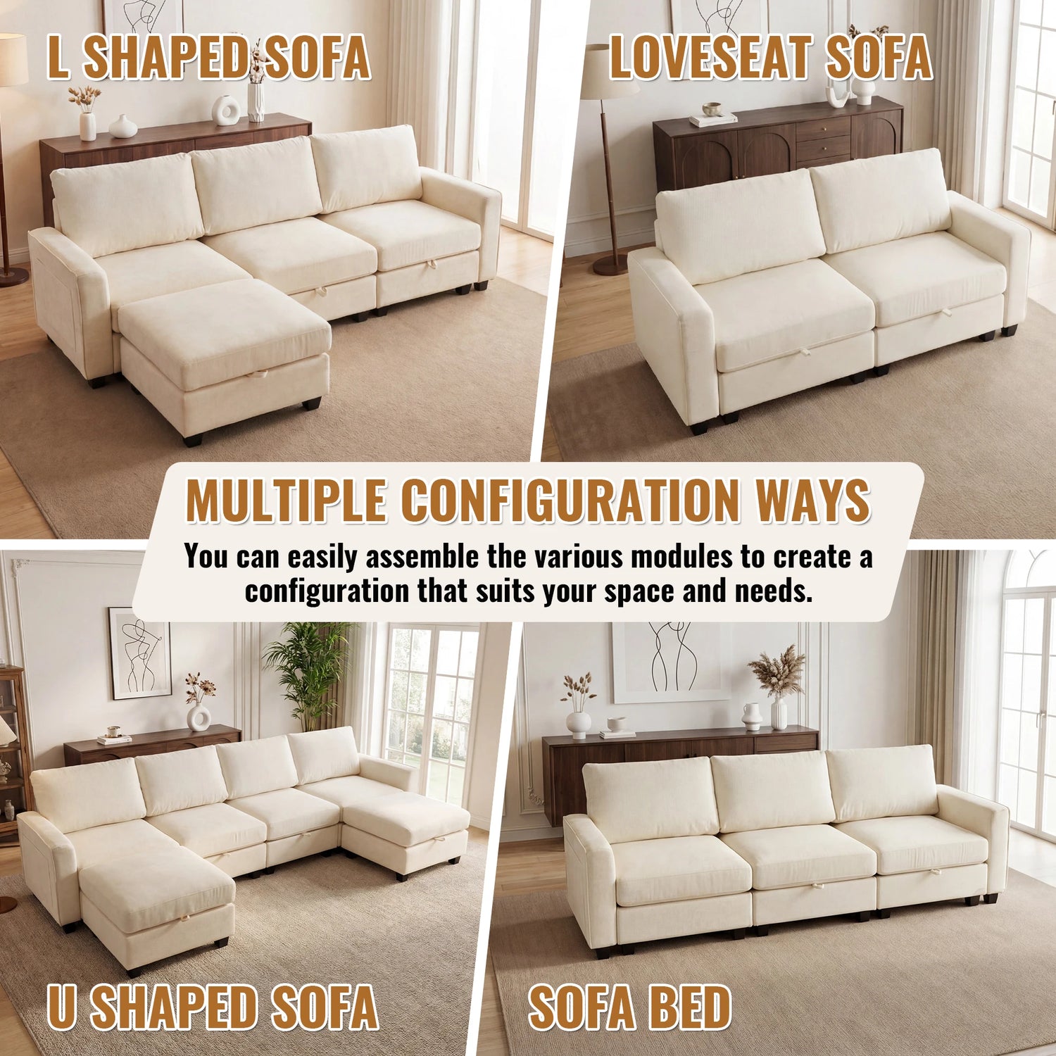 Redlife Modular Sectional Sofa Set With Storage And Two Ottomans