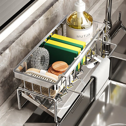Kitchen Shelf Cleaning Cloth Storage  Stainless Steel Dish Rack for Kitchen Counter, Extendable  Dish Drainers with Cutlery