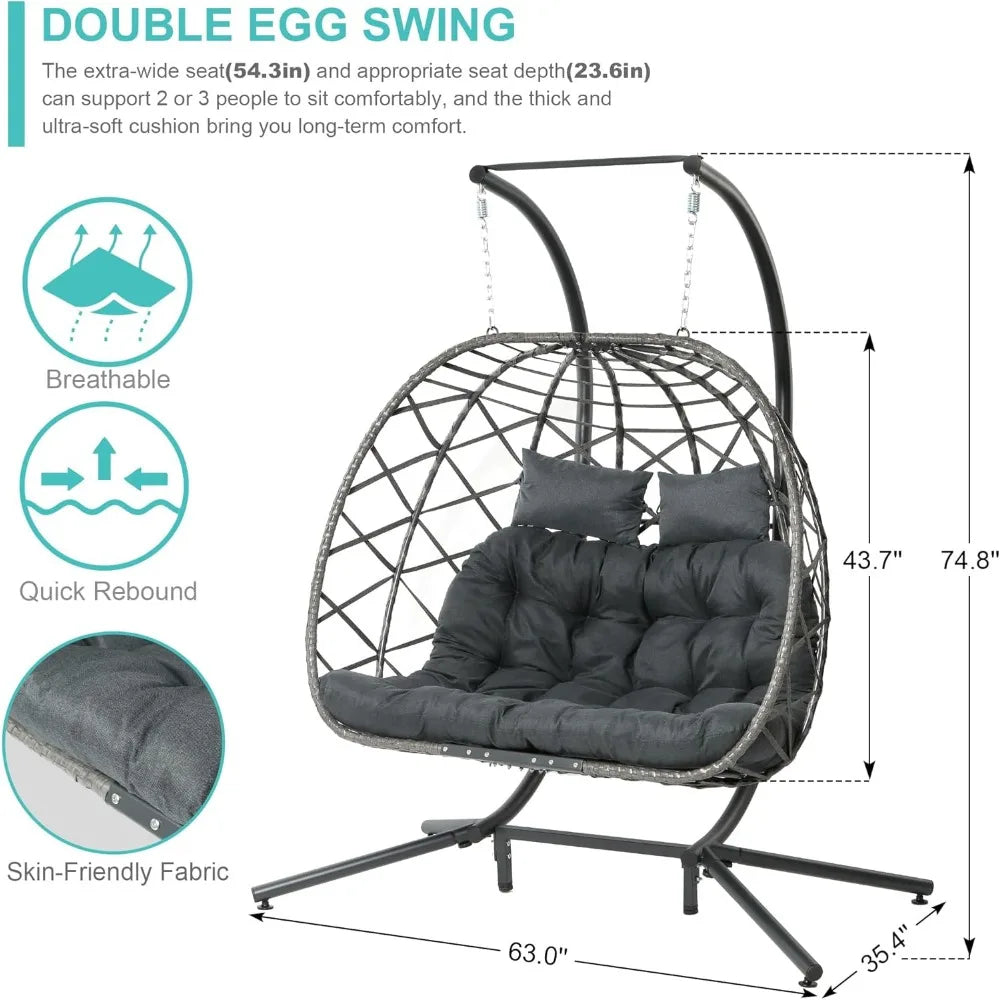 Double Egg Swing Chair With Stand For 2 Person Outdoor Hammock Cushion