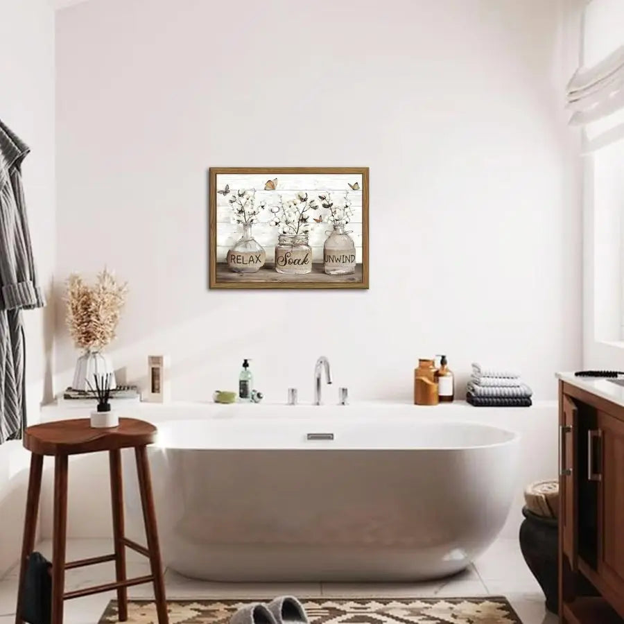 Framed Rustic Cotton Canvas Wall Art For Bathroom Decor