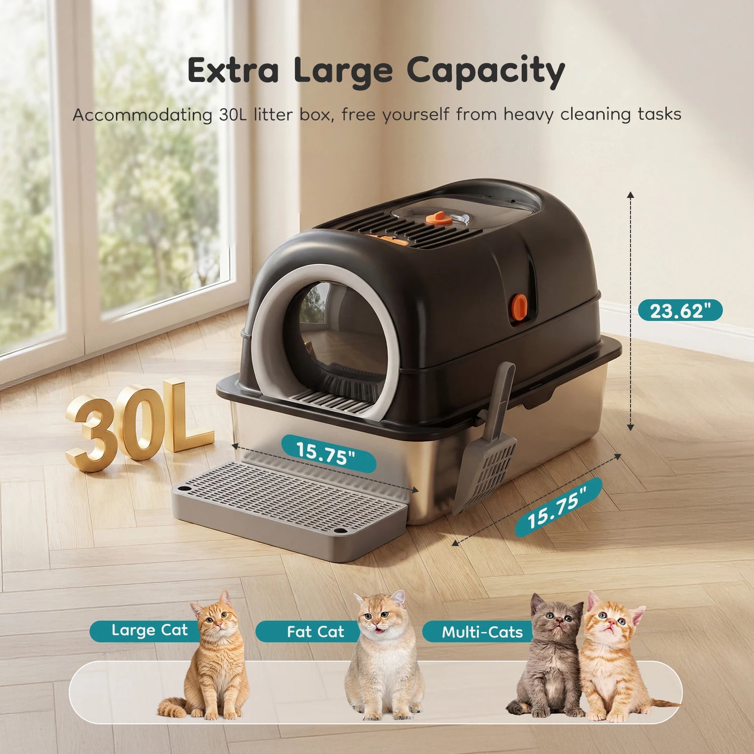 JHK Stainless Steel Cat Litter Box Fully Enclosed For Big Cats