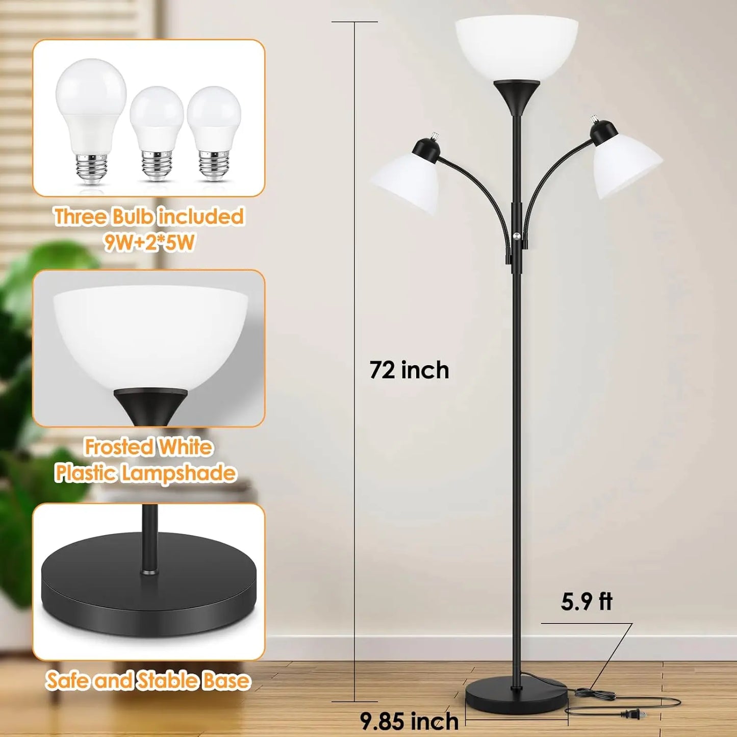 Dimmable Floor Lamp With Reading Lights No Bulbs Included