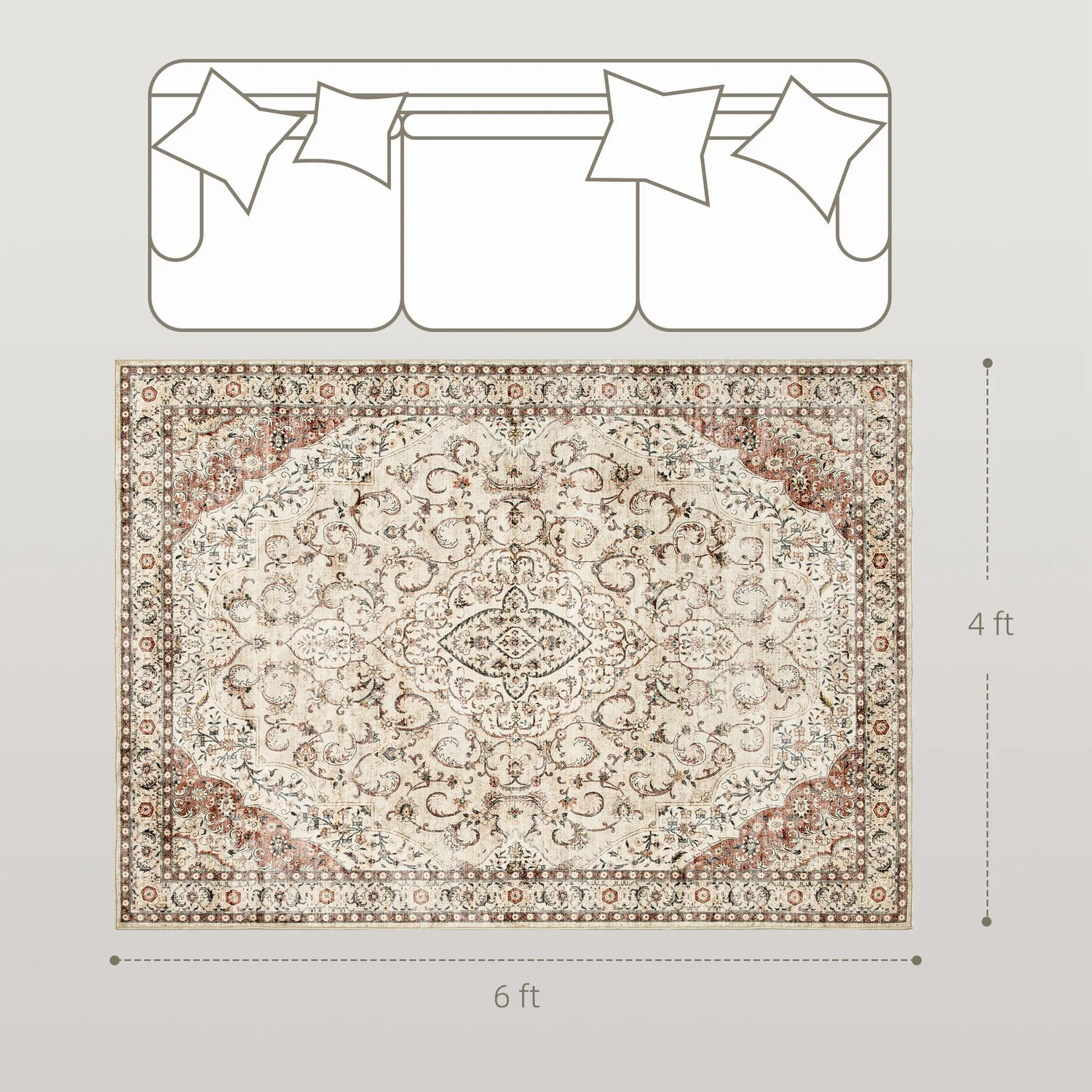 Machine Washable Vintage Oriental Medallion Polyester Area Rug