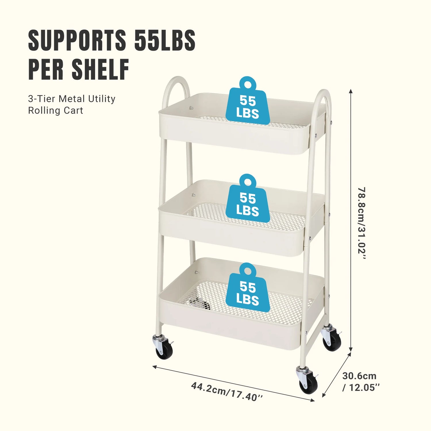 JHK 3 Tier Metal Storage Cart With Lockable Wheels