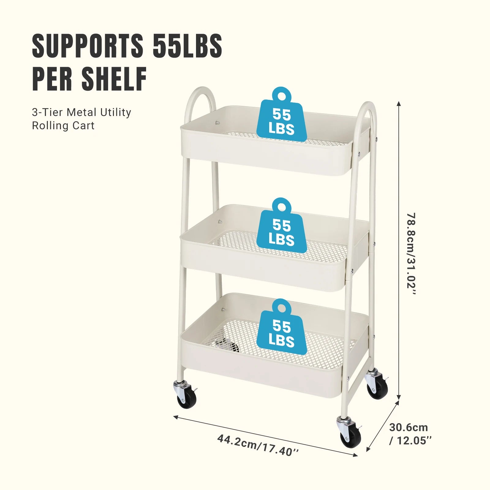 JHK 3 Tier Metal Storage Cart With Lockable Wheels