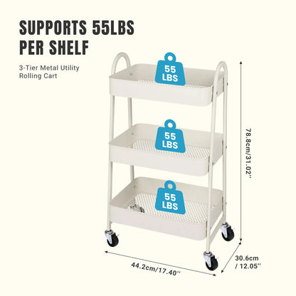 JHK 3 Tier Metal Storage Cart With Lockable Wheels