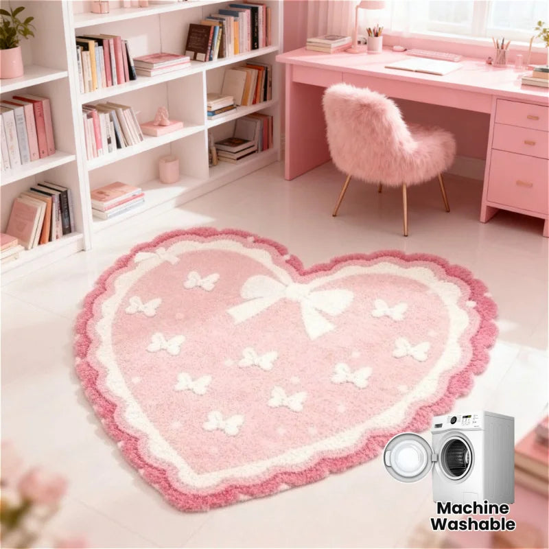 Heart Bow Plush Rug Fluffy Anti Slip Bedside Mat Bedroom