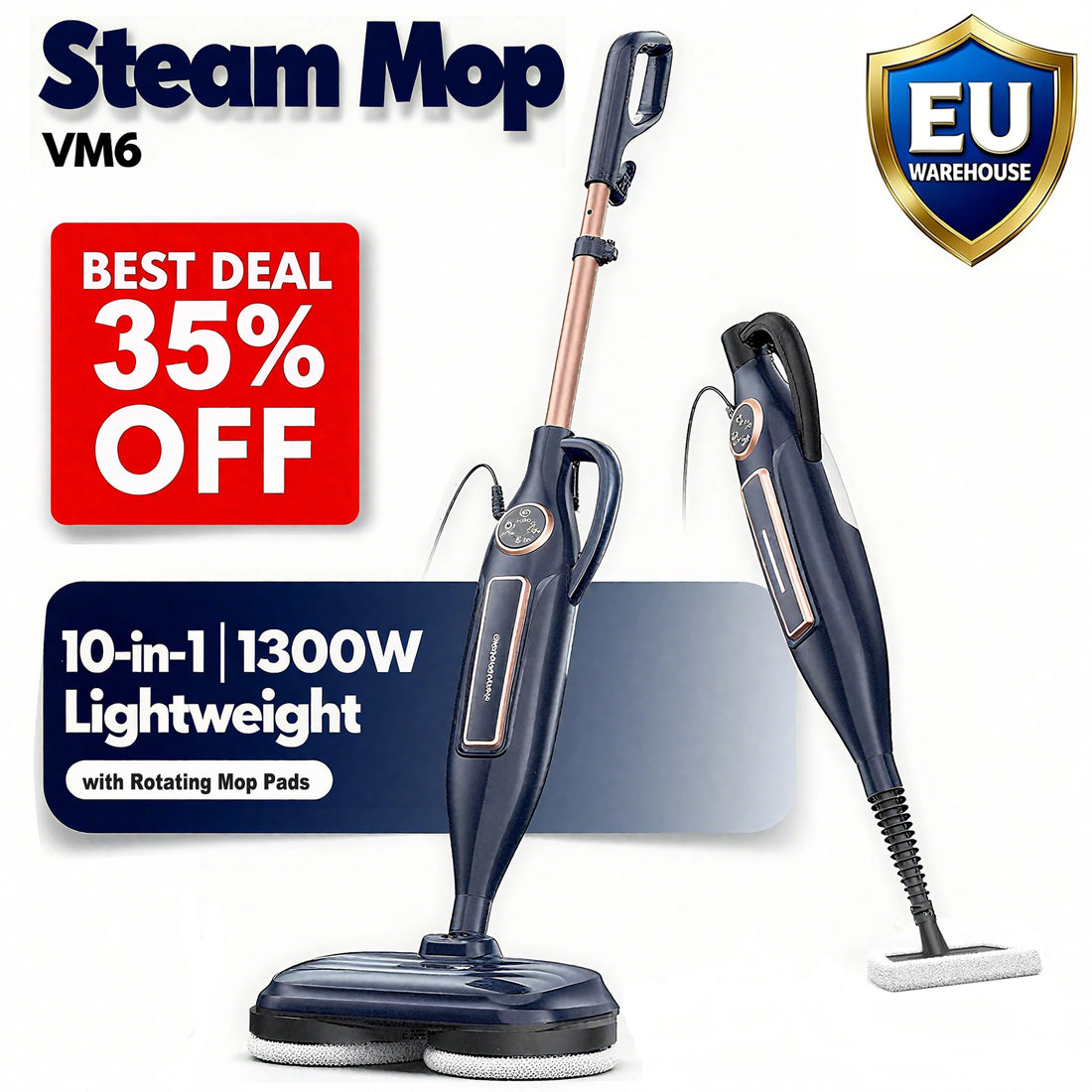 Devoac Lightweight Steam Mop With Rotating Pad For Floors