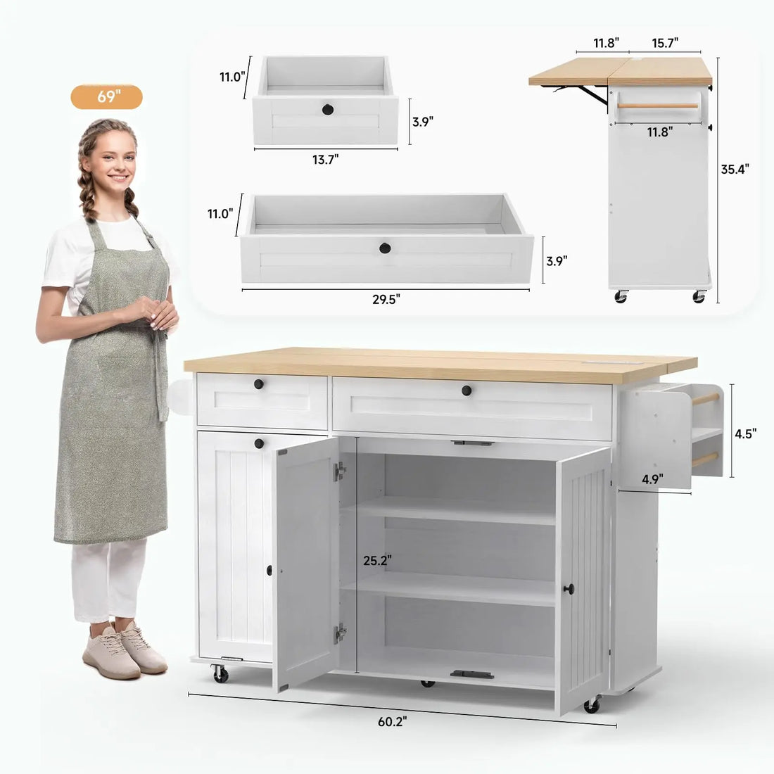 ONBRILL Rolling Kitchen Island With Power Outlet And Spice Rack