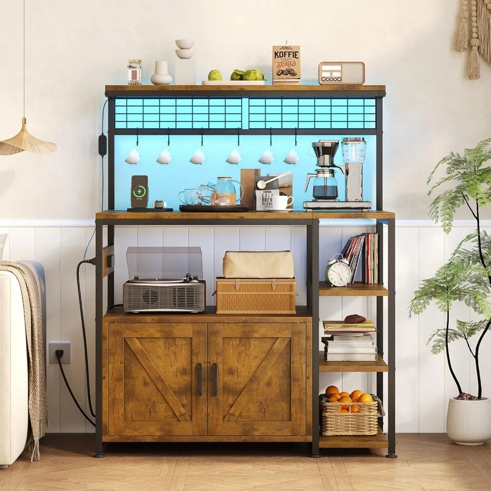 Bakers Rack With Power Outlet And LED Light Microwave Stand