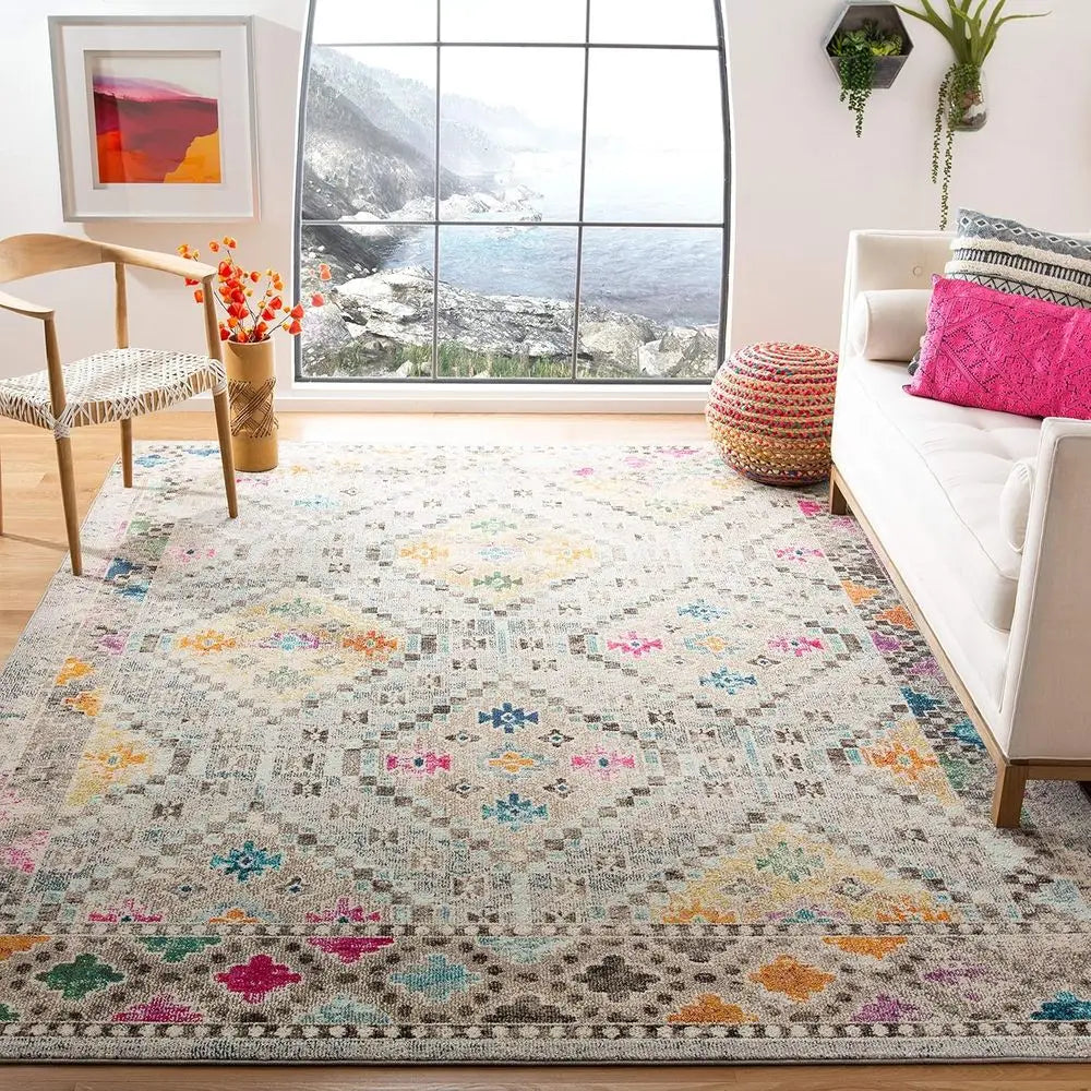 Boho Diamond Distressed Area Rug Non-Shedding Easy Care High Traffic