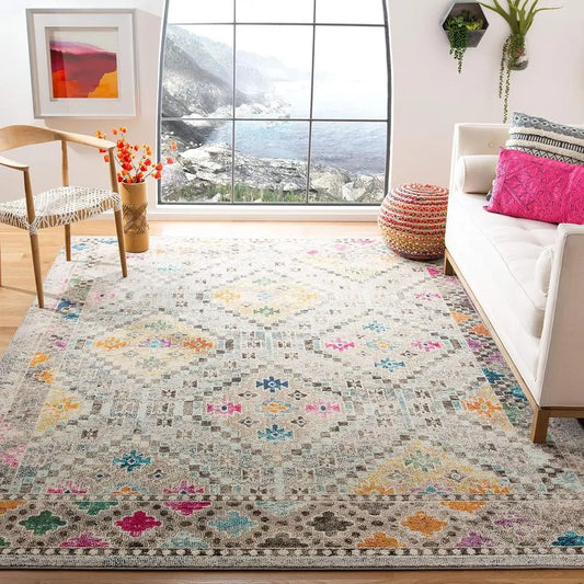 Boho Diamond Distressed Area Rug Non-Shedding Easy Care High Traffic