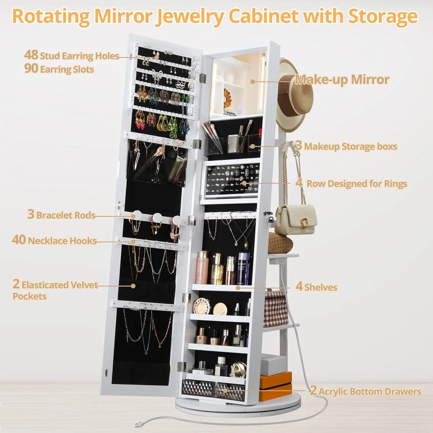 Ironck 360 Degree Swivel Mirrored Jewelry Cabinet With LED Lights