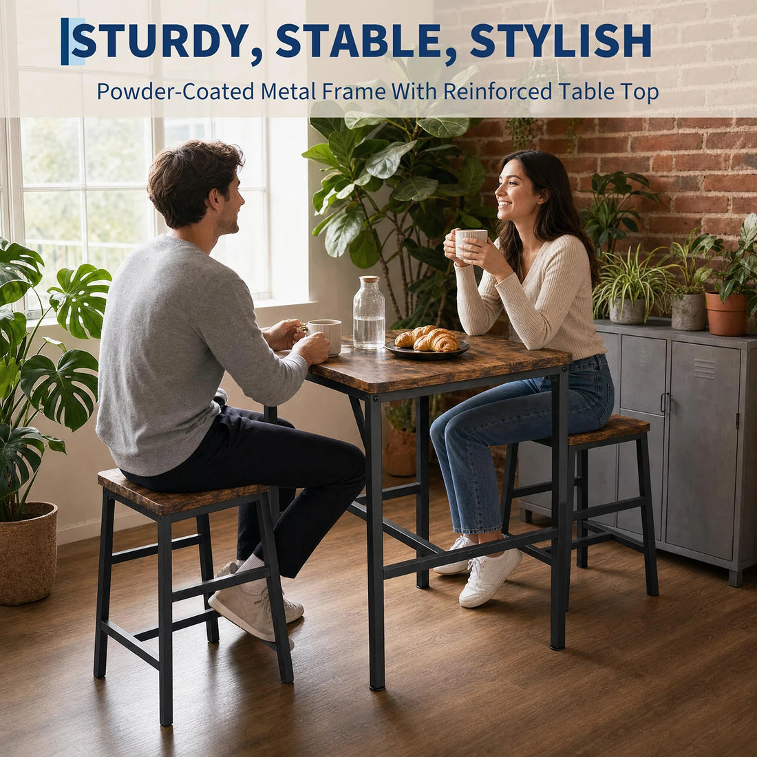 HiMISS Modern Pub Height Dining Table Set With Two Stools