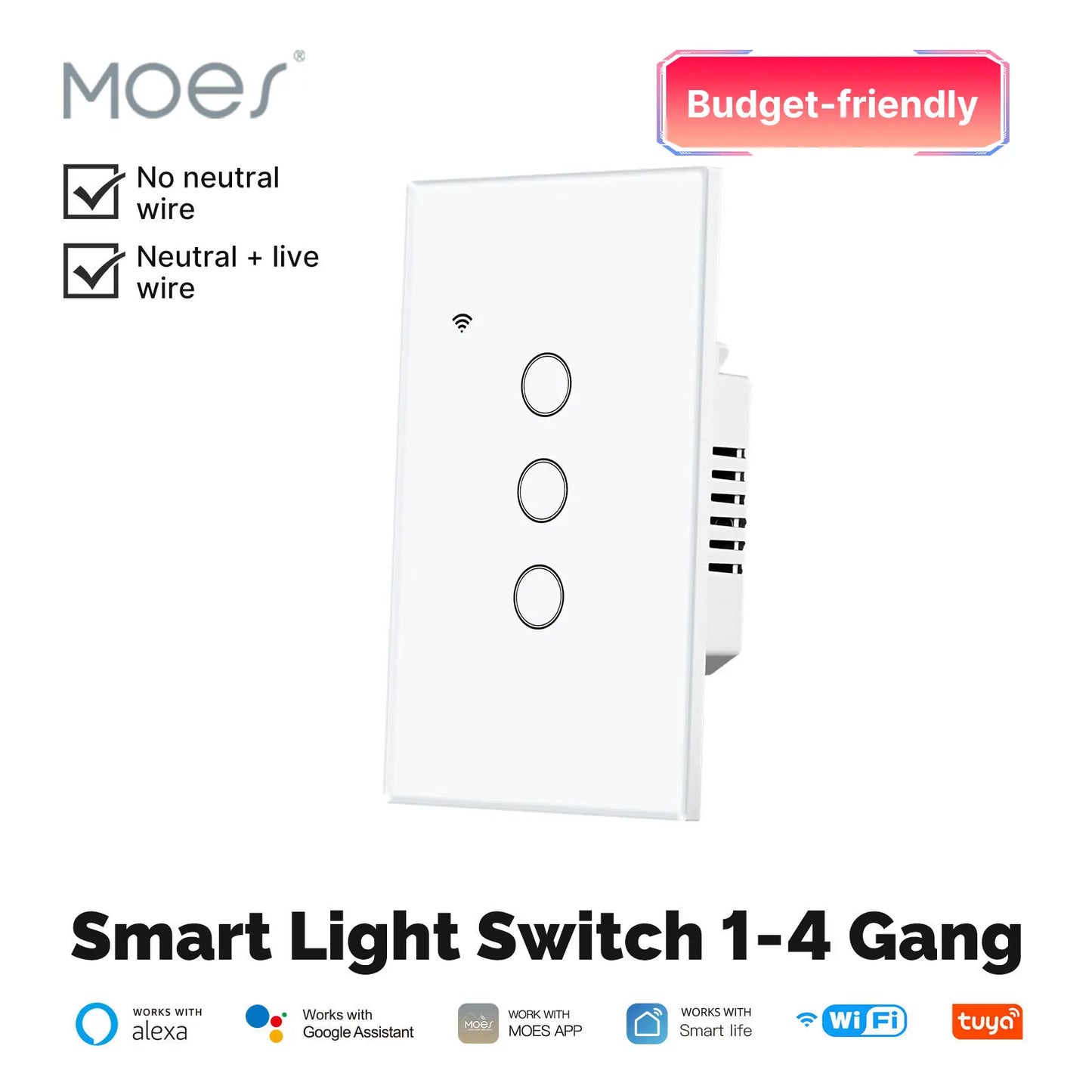WiFi Smart Light Switch Glass Touch No Neutral Wire Works With Alexa Google Home