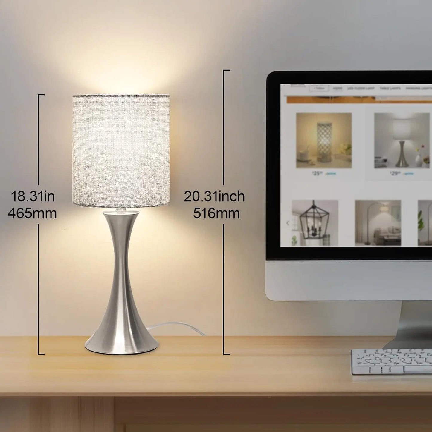 3-Way Touch Table Lamp, Metal Base, Dimmable Bedside LED Included