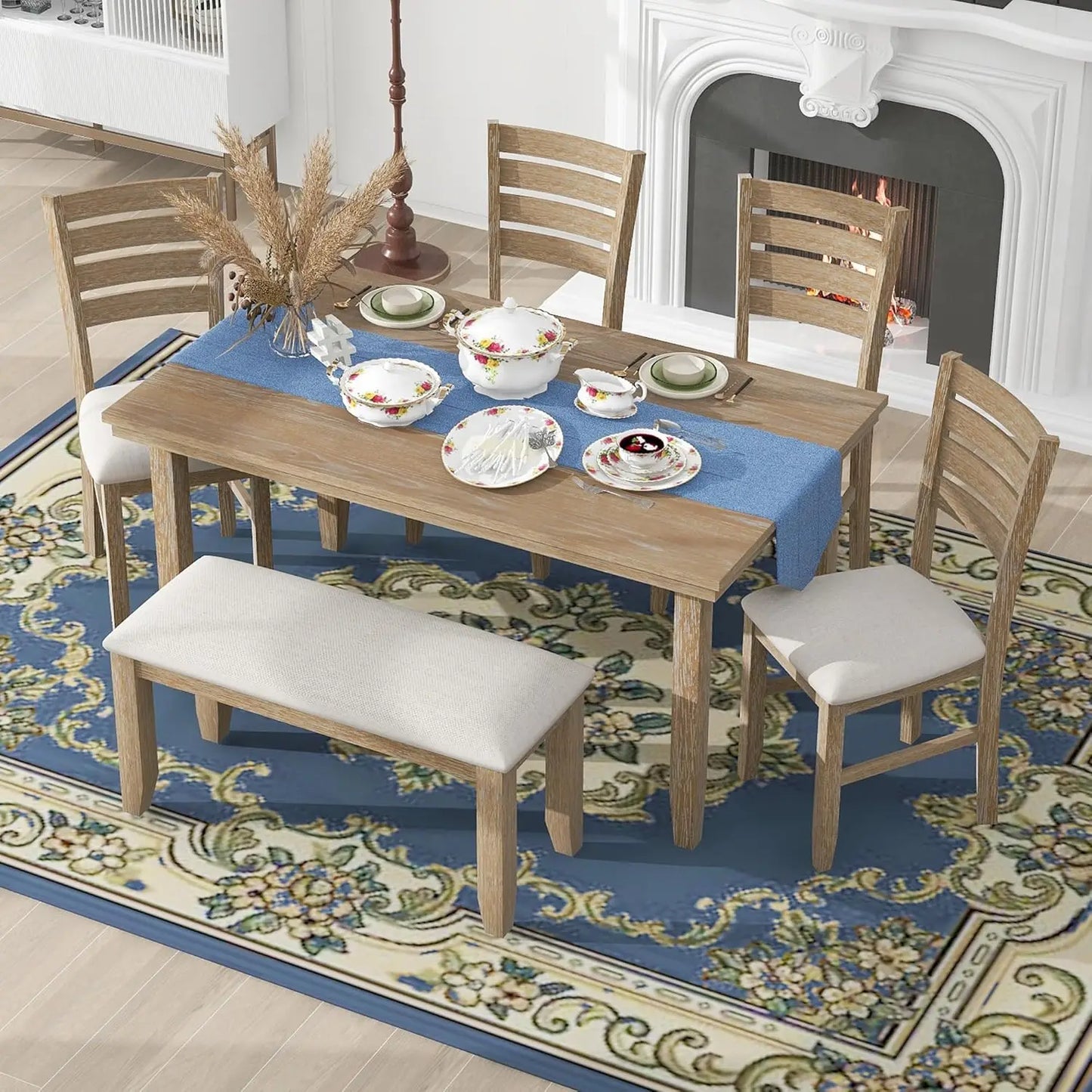 Country Rustic Dining Set With Rectangular Table And Upholstered Chairs