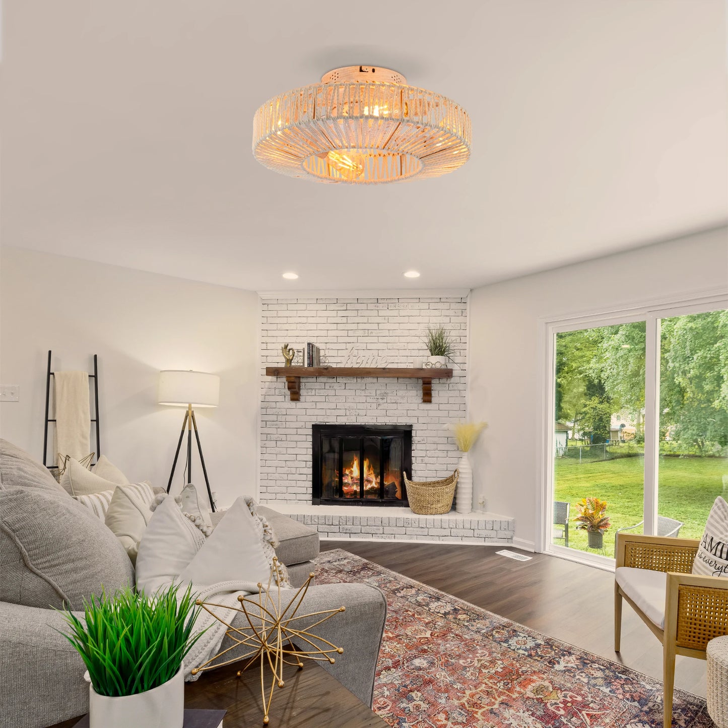 Linen Rope Cage Flush Mount Ceiling Fan With Lights