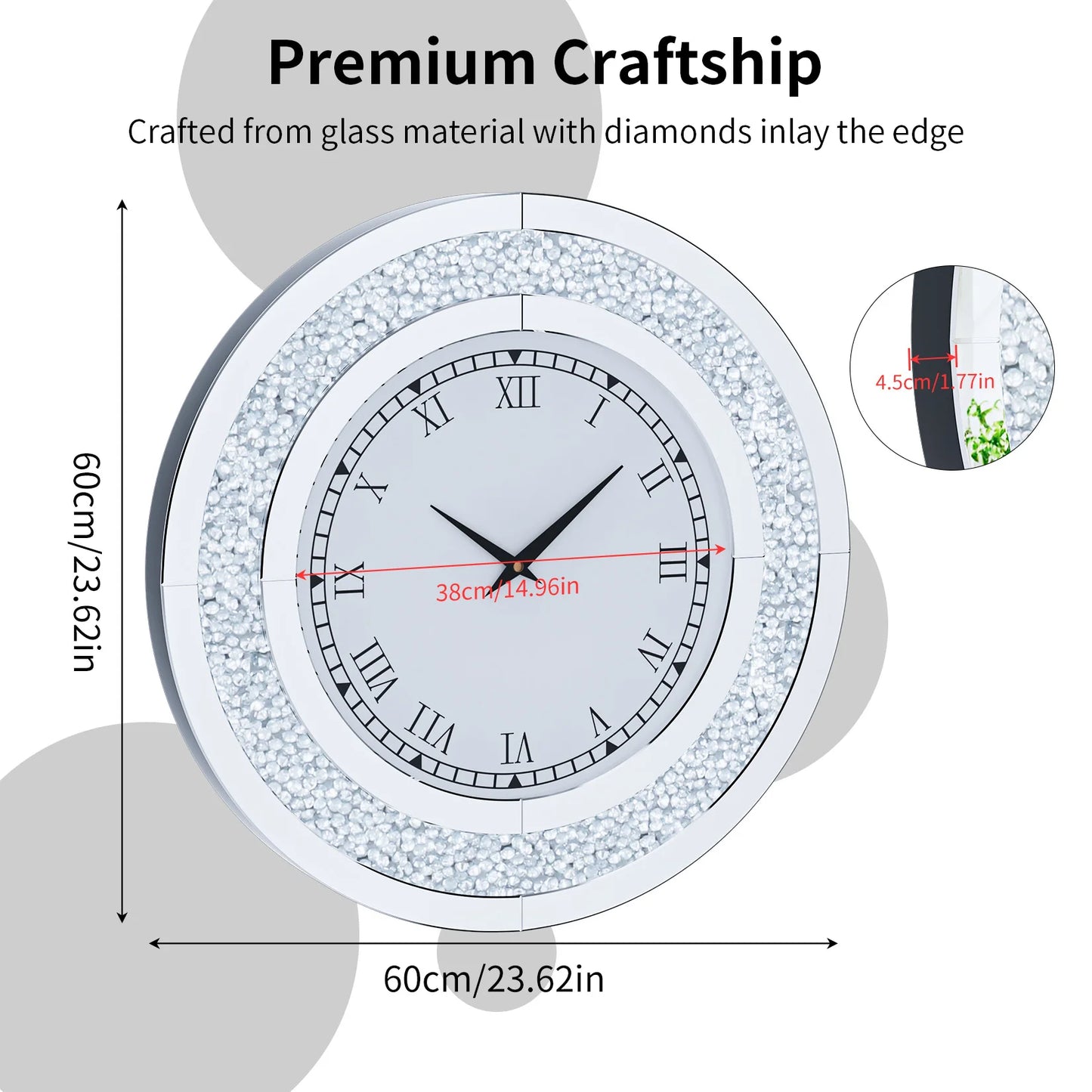 Crystal Sparkle Round Mirror Wall Clock for Living Room Decor