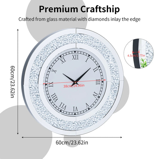 Crystal Sparkle Round Mirror Wall Clock for Living Room Decor