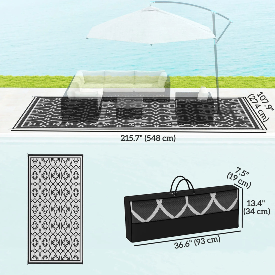 Modern Geometric Black And White Lantern Outdoor Polypropylene Floor Rug