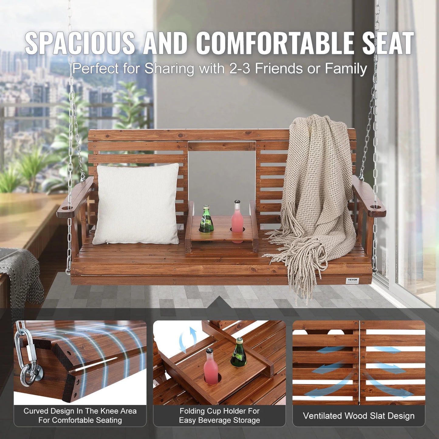 SucceBuy Wooden Porch Swing With 880 Lb Capacity Outdoor Patio
