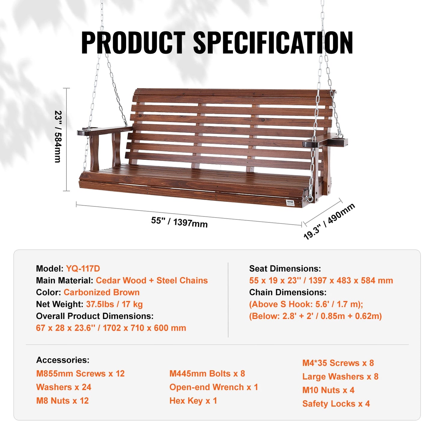 SucceBuy Wooden Porch Swing With 880 Lb Capacity Outdoor Patio
