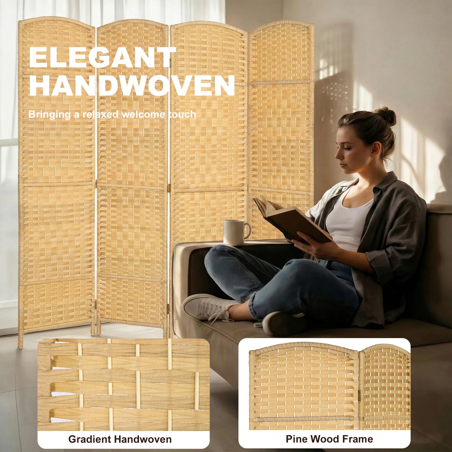 Freestanding Four Panel Folding Room Divider With Pine Wood Frame